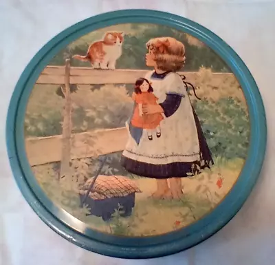 Danish Butter Cookie Round Tin Little Girl With Dolly Wagon & Kitten Vintage • $14.25