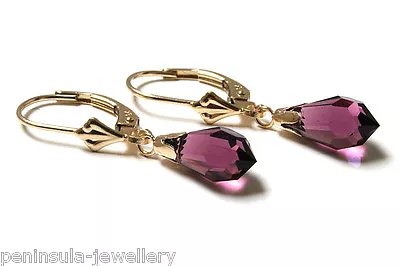 9ct Gold Purple Swarovski Crystal Elements LeverBack Earrings Made In UK • £78.99