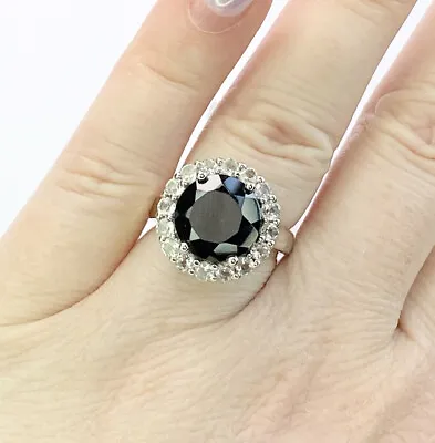 Black Spinel & Topaz Gemstone Ring Size M US 6.25 Silver Gems Tv Gift Idea • £20.80