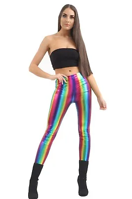Ladies Rainbow Lgbtqa Shiny Foil Leggings Pride Stretch Disco Fancy Dress • £7.56