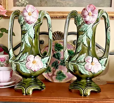 Pr Antique Majolica Barbatone Huge Handled Vases Green Pink Open Rose Butterfly • $295