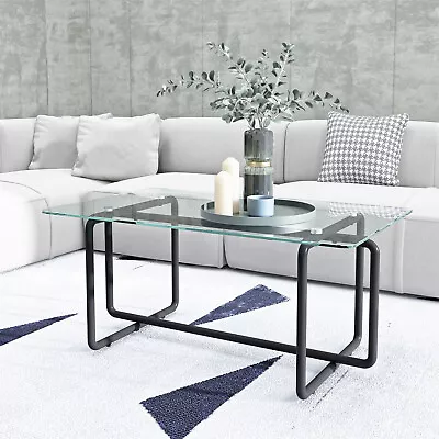 Modern Rectangle Coffee Table Tempered Glass Tabletop With Metal Leg Living Room • $90.99