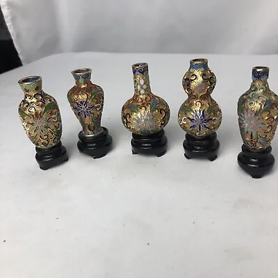 Set Of 5 Miniature Matching Cloisonne Vases Floral Vintage With Wood Stand • $45