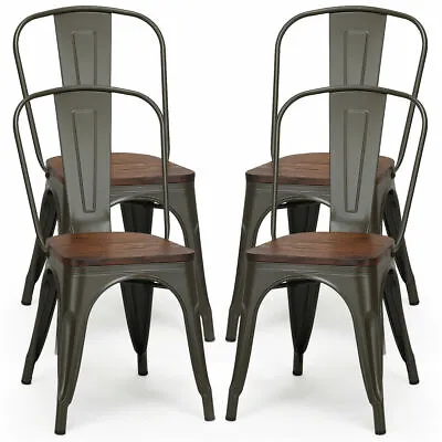 Set Of 4 Tolix Style Metal Dining Side Chairs Wood Seat Stackable Bistro Cafe • $169.49