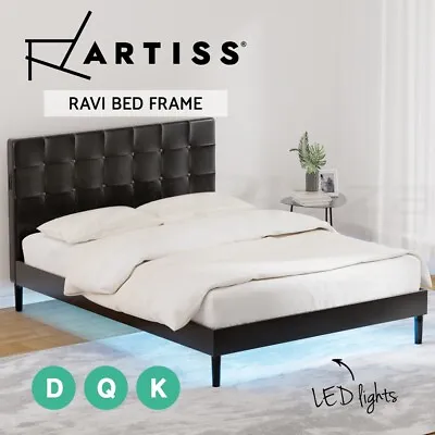 Artiss Bed Frame Double Queen King Bed Base LED Lights Charge Port Black Leather • $315.95