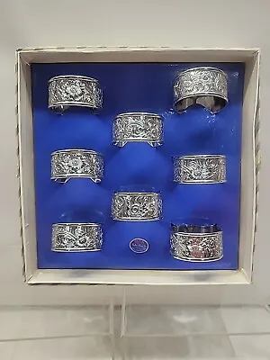 Vntg Shelton Carefree Chromium  Ware Napkin Rings Embossed Florals #708 Set Of 8 • $13.99