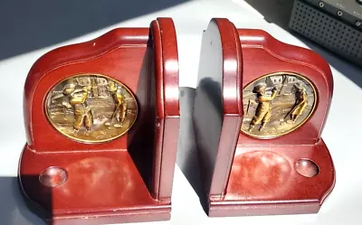 Vintage Cherry Wood  Brass Golf Sculpture Bookends Office Library Sport Game • $31.41