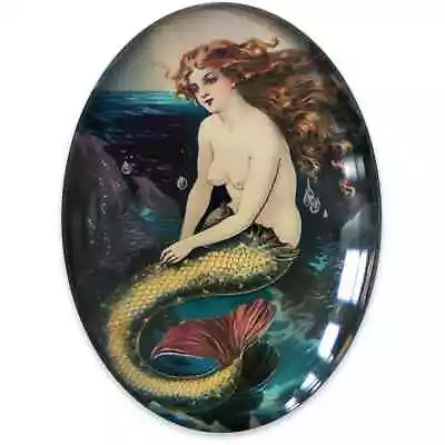 Vintage Victorian Mermaid Illustration Glass Cameo Cabochon Jewelry Supplies Cab • $1.10
