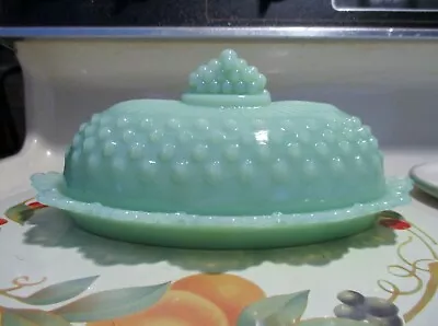 Jadeite Green Glass Hobnail Butter Dish & Lid In Excellent Condition • $68