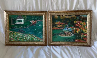 Lot Of 2 Vintage Oil Painting Framed Canvas Colorful 12 X 10  Gold Frames • $37.50