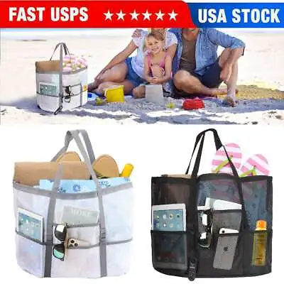 Women Large Beach Mesh Bag Carry Picnic Tote Foldable Shopping Zipper Handbag • $10.79