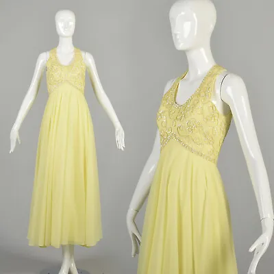 XS 1970s Yellow Gown Sequin Empire Waist Flowy Chiffon Maxi Formal Prom Dress • $232.20
