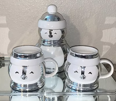 Slatkin & Co  PENGUIN  Silver White Ceramic ~ (1) Cookie Jar (2) Mugs • $49.99