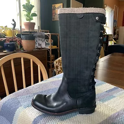 UGG Boots Womens 5.5 Smithfield Black Leather Back Lace Sheepskin Lined Riding • $39.99