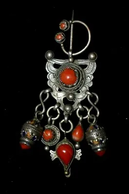 Extremely Old Red Orange Silver Coral Possible Moroccan Tribal Fibula Pin 1.78oz • $399.99