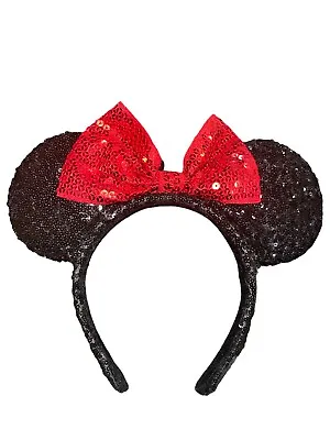 Minnie Mouse Sequin Headband Ears Bow Sparkly Disney Costume Party Black Red • $7.99