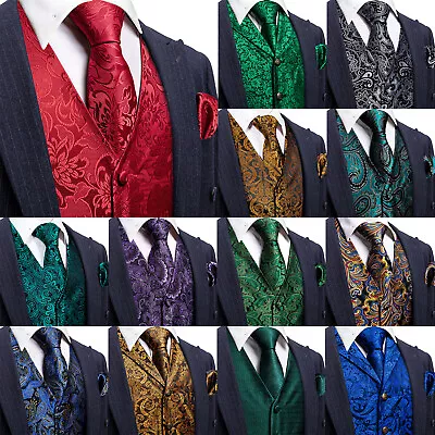 Men's Vest Suit Tie Set Hankie Cufflinks Silk Waistcoat Jacket Coat Gilet Tux • $39.98