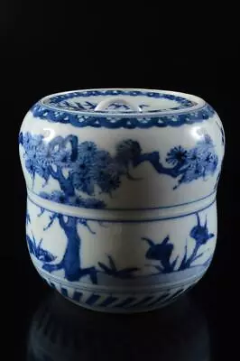 W4066: Japanese Kiyomizu-ware Blue&White Flower Mizusashi FRESH WATER POT • $19.99
