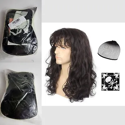 80s Male Punk Rock Heavy Metal Wig Long Curly Brown Hair & Skull Bandana Cosplay • $14.23