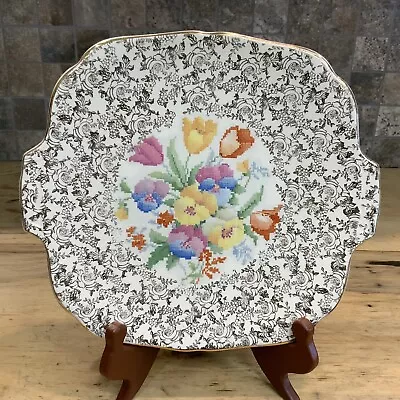 Rare Cake Plate W/Handles H&K Tunstall Old English Sampler Pattern Needlepoint • $6.97