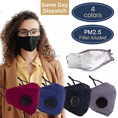 £2.99 • Buy Cotton Face Mask With PM2.5 Filter Pocket Air Valve Washable Reusable Respirator