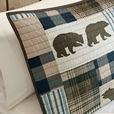 BROWN BEAR 4pc King QUILT SET : BLUE PLAID CABIN FALLS LODGE MOUNTAIN • $93.50