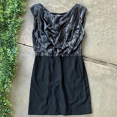 Shoshanna Silk Draped Shimmer Cocktail Mini Dress Metallic Gray Black Size 8 • $47.99