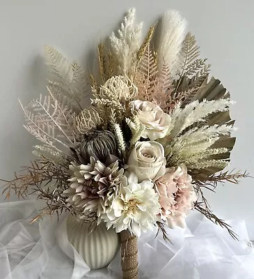 Wedding Bouquet Dried Faux Silk Flowers Bridal Bouquets Pampas Grass Protea Rose • $180