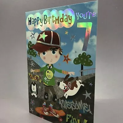 7TH BIRTHDAY CARD BOY AGE 7 Full Colour Inside Skateboard Dogs Awesome Fun • £1.99