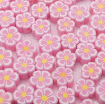 £3.75 • Buy 50 Pink Daisy Polymer Clay Beads - Pink Polymer Clay Flower Beads