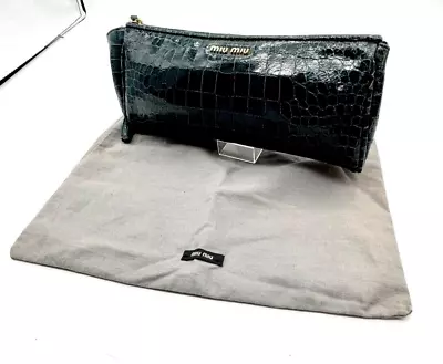 MIU MIU Croco Embossed Wristlet Pouch Bag Clutch Bag Green Shipped From Japan • $76