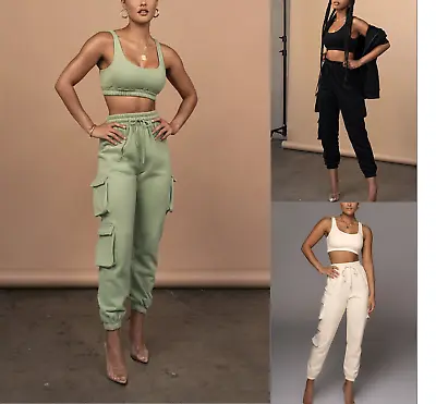 £21.90 • Buy Womens Ladies 2 Piece Crop Top And Cargo Joggers Co-Ord Set Winter Fashion 