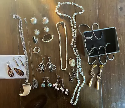 Vintage Costume Jewelry Lot ~30 Pieces Celluloid Cameo Faux Mabe Pearls Etc • $9.99