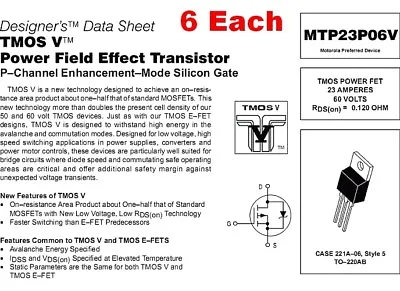 6 Ea MTP23P06V Power MOSFET P-Channel Enhancement Mode 60V 23A .12 Ohm TO220 NEW • $5.99