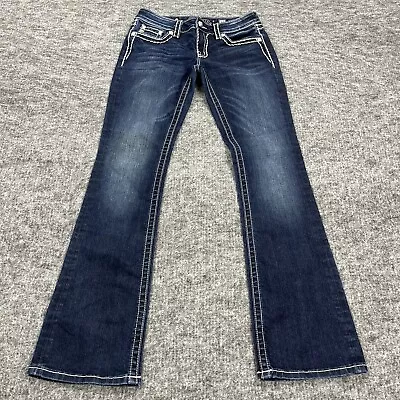 Miss Me Jeans Womens 28 Boot Blue Stretch Denim Thick Stitch Flap Pocket Pants • $38.88