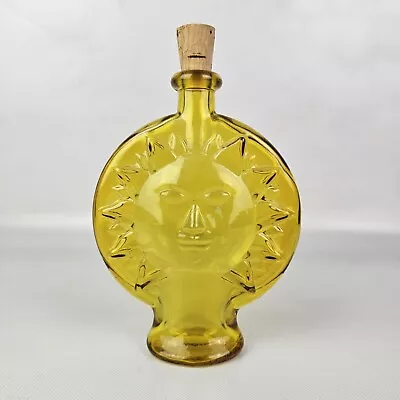 Vintage Yellow Sun Face Glass Bottle Bud Vase Celestial Mod Dep Bottle  • $29.95