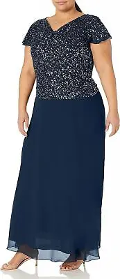 J Kara Womens Petite Long Beaded Cowl Neck Flutter Sleeve Gown Dress Blue 8P • $45.75