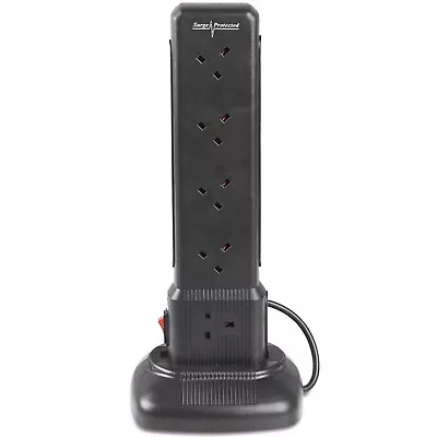 10 Way Gang Socket 2 Meter Tower Extension Lead + 2 USB Surge Protection - Black • £27.45