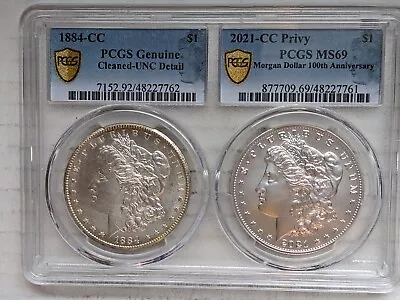 1884-CC & 2021-CC Morgan Dollar Set 90% 99.9% Silver PCGS UNC Details MS69 • $450