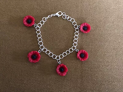 Red Poppy Flower Charm Bracelet On 8” Silver Tone Chain NWOT • $6.25