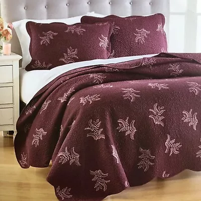 Martha Stewart Collection Stenciled Leaves FULL / QUEEN Quilt + 2 Shams Set WINE • $80