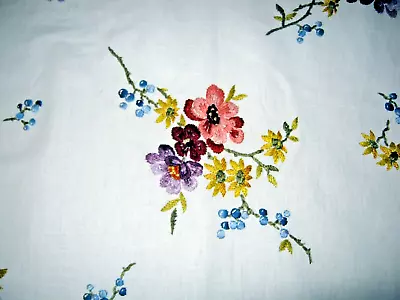 $19.99 • Buy VTG FLORAL HAND EMBROIDERED LINEN TABLECLOTH 50  X 53  Crocheted Edge
