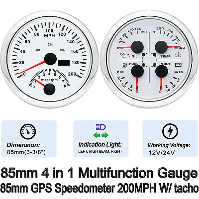 85MM 4 IN 1 Gauge Fuel Oil Pressure Temp Volt&85mm GPS Speedometer W/ Tachometer • $110.01