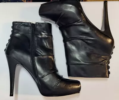 $45 • Buy NEW In BOX Nine West HOTFUZZ Black LEATHER Stiletto Ruched BOOTS BOOTIES 12M