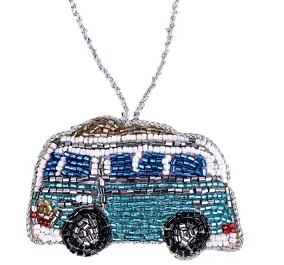 4  VW Bus Christmas Ornament Beaded Tree Decor Blue Van Vintage Car Ornament • $10.95