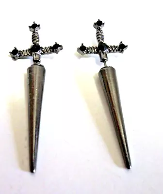 Gothic Punk Dagger Sword Earrings Gun Metal Tone W/ Black Rhinestones • $5.99