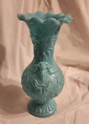 Vintage France Portieux Vallerysthal Blue Opaline Milk Glass Lion Koi Vase 8.75” • $52