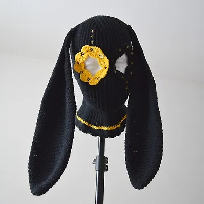 Custom Black Bunny Crochet Balaclava Knit Cute Beanie 2 Hole Ski Mask With Ears • $120.75
