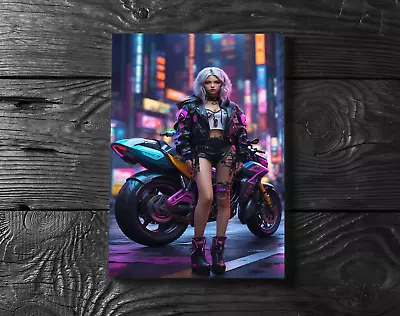 Asian CyberPunk Girl Motorcycle Neon Poster Print - No Frame • $12.99