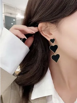 Heart Black Gold Drop Dangle Big Statement Earrings Blogger Zara Uk • £4.99